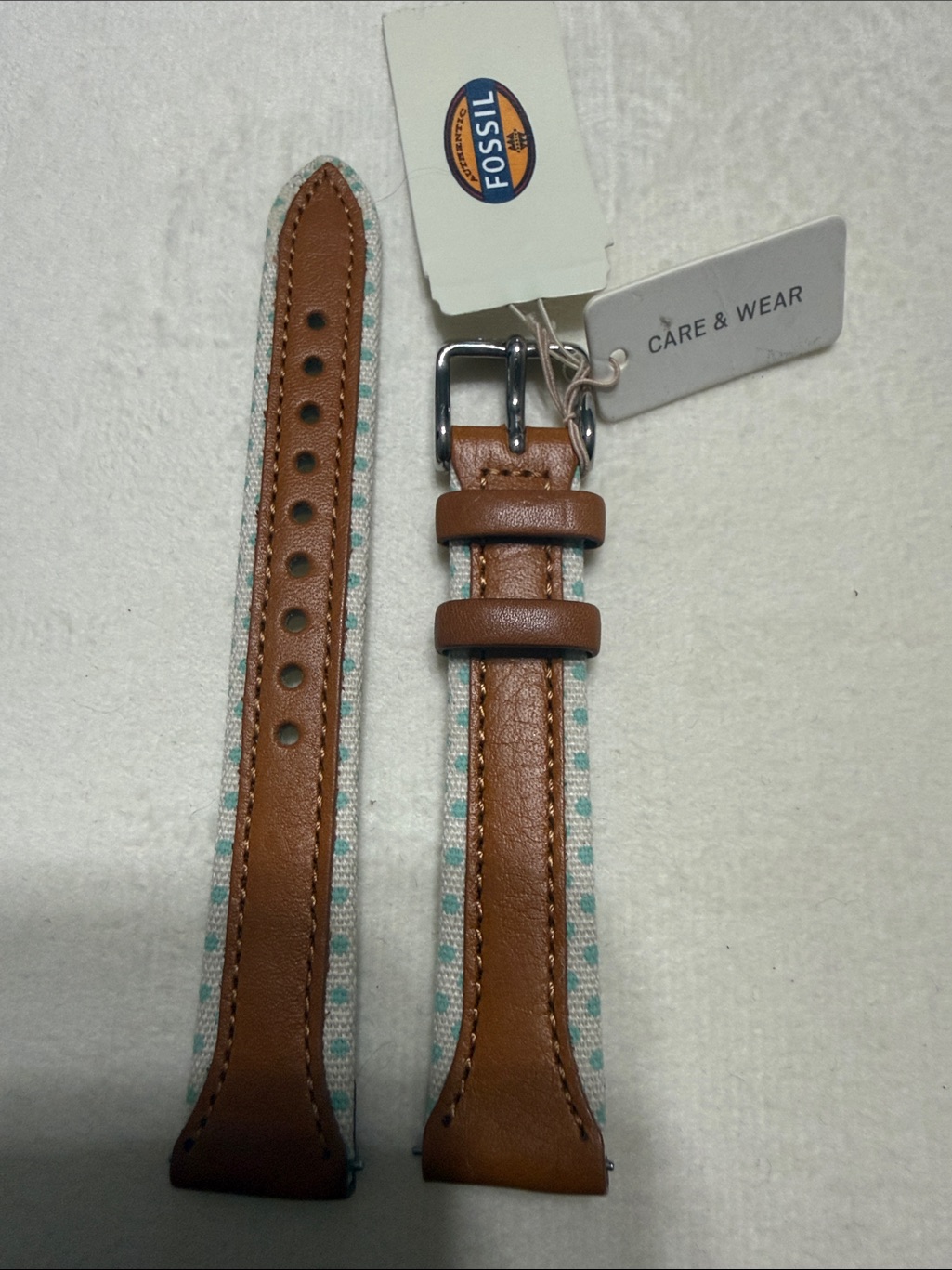 Fossil Brown Leather Watch Strap With Light Blue Pattern